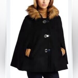 Michael Kors Wool Faux Fur Trim Hooded Cape Coat